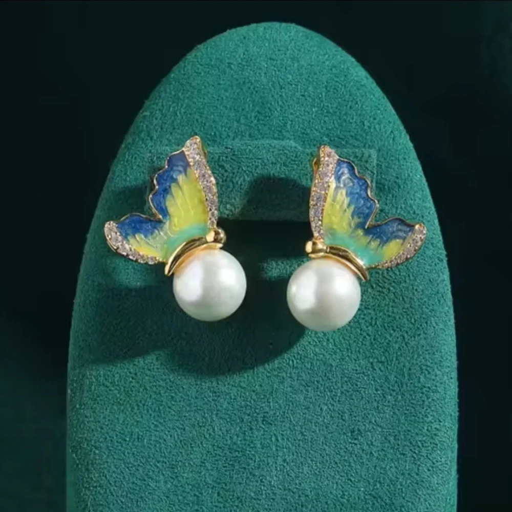 Vintage Luxury Craftsmanship Elegant Butterfly Pearl Ring Earrings Set
